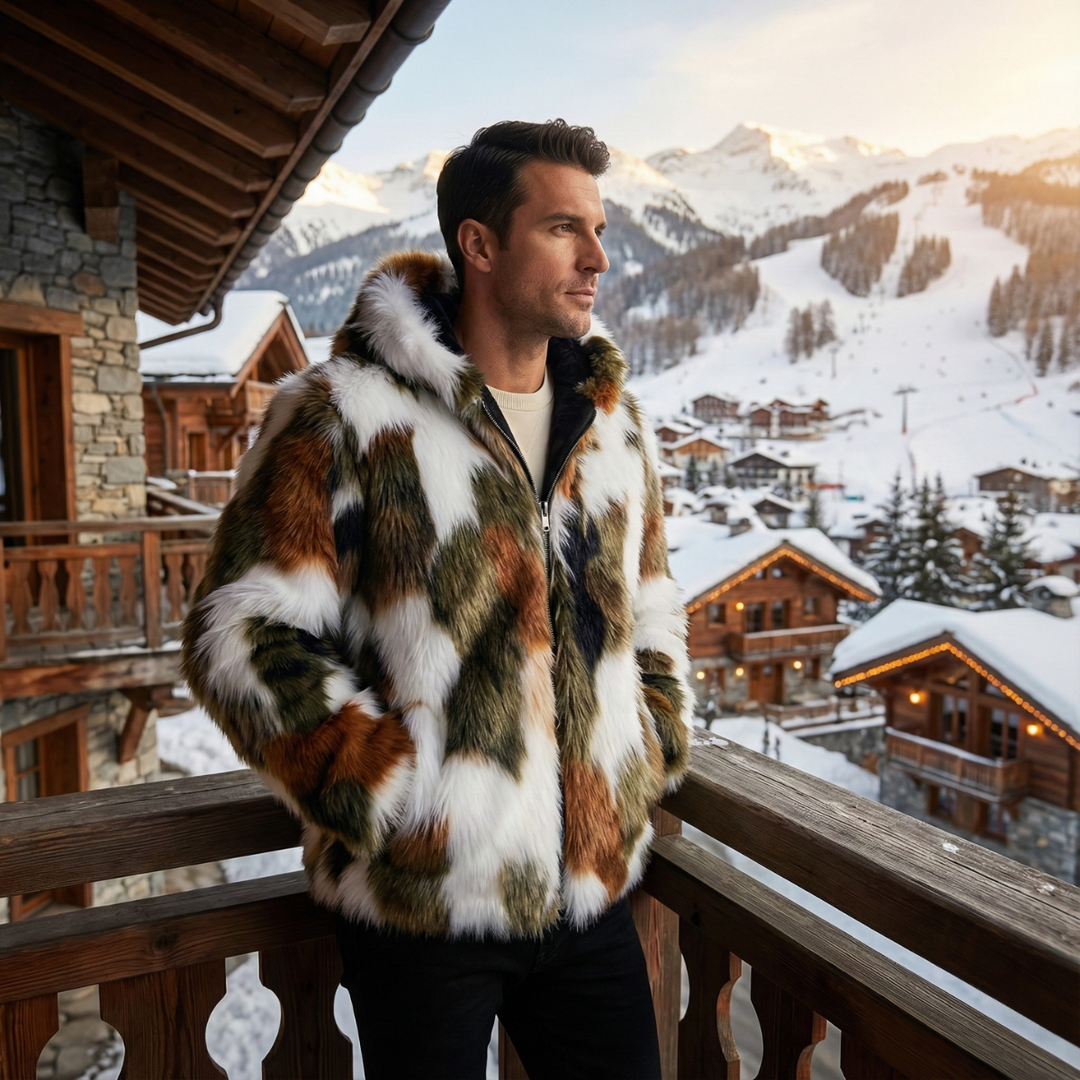Men's Jacket - Faux Fur Zip Up with Shaggy Multi-Tone Print and Fleece Lined Interior