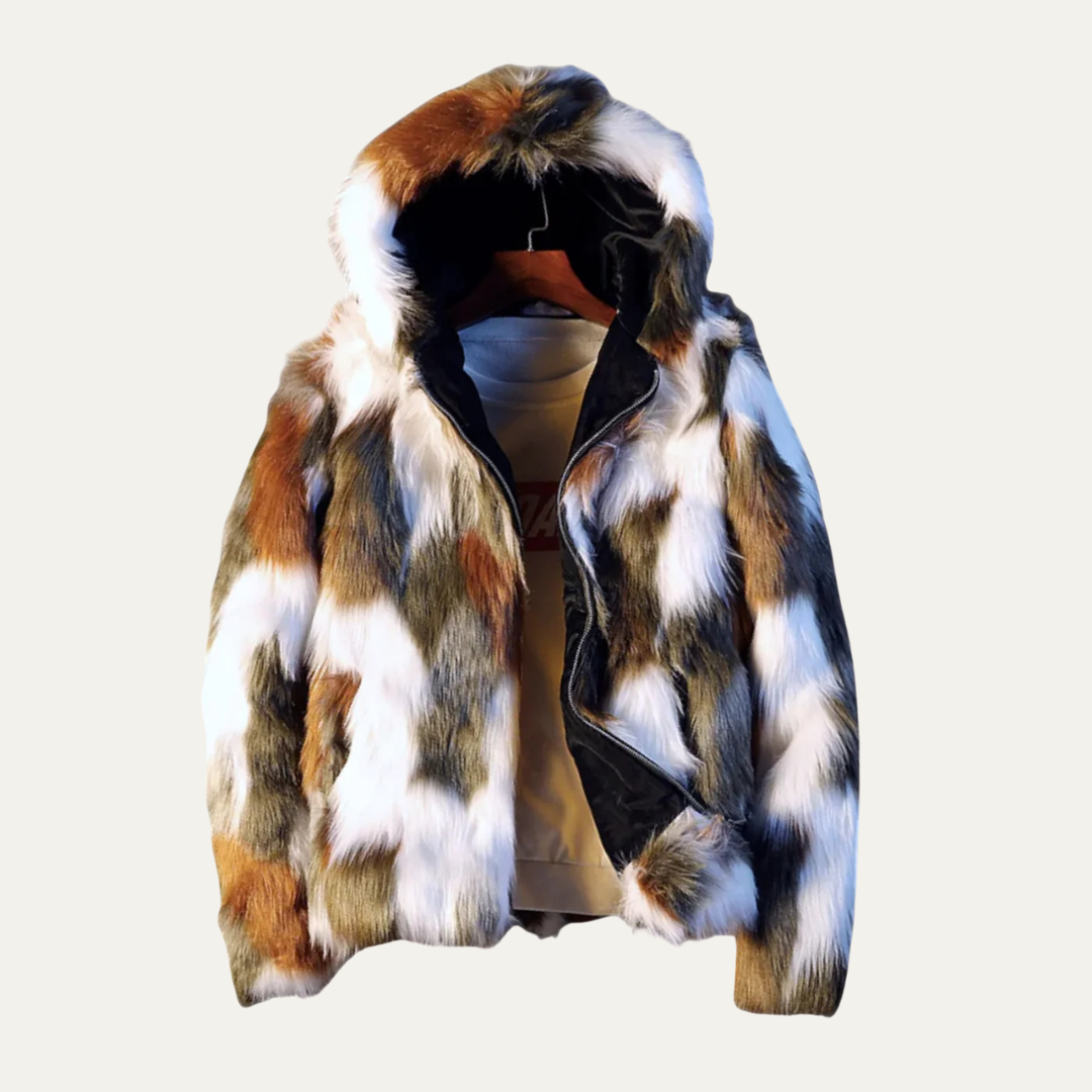 Men's Jacket - Faux Fur Zip Up with Shaggy Multi-Tone Print and Fleece Lined Interior