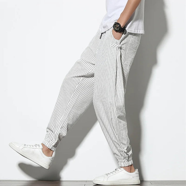 Men's Linen Stripe Harem Pants - Elasticated Waist - Cuffed Hem