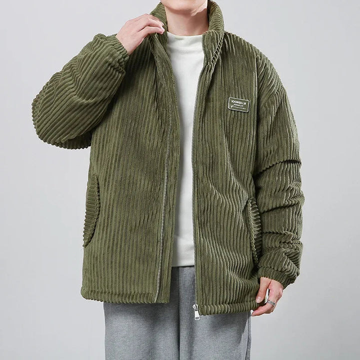 Men's Corduroy Puffer Jacket - Stand Collar - Full Zip - Padded