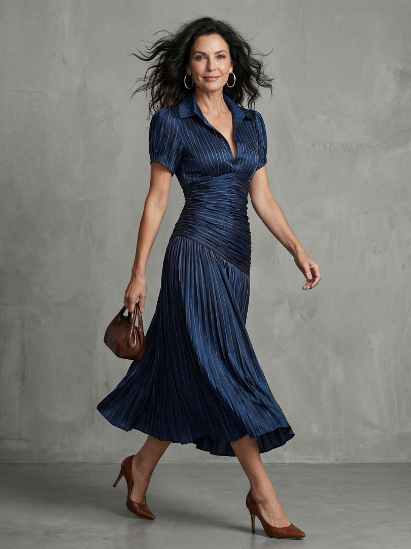 Bella | Striped Midi Dress with Pleated Waist