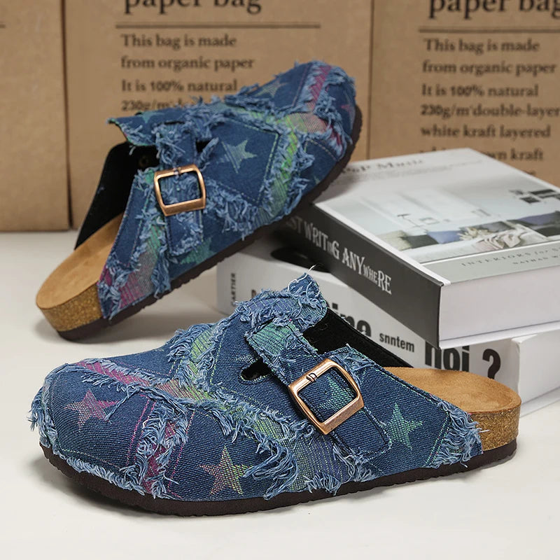Cosmic Distressed Denim Mules