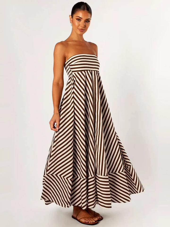 Women's Brown Strapless Maxi Dress - Stripe Print Full Skirt