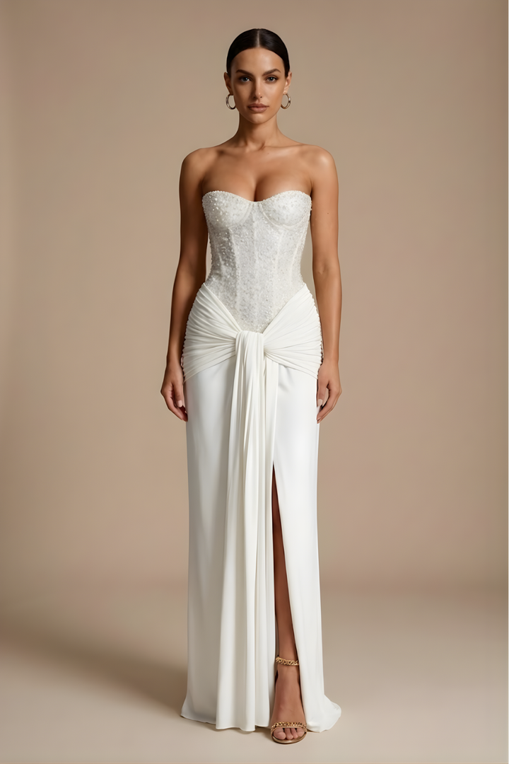 Women's Strapless Corset Maxi Dress - Draped Knot Detail