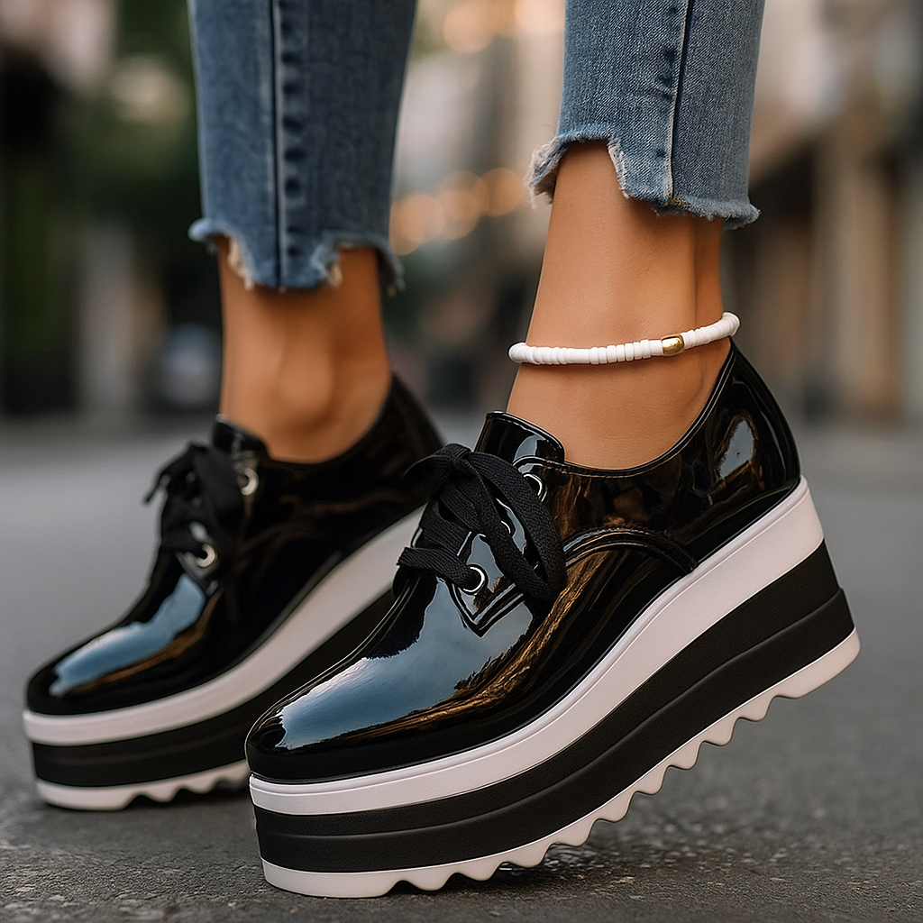 Women's Platform Oxford Shoes - Lace-Up Square Toe with Chunky Layered Sole