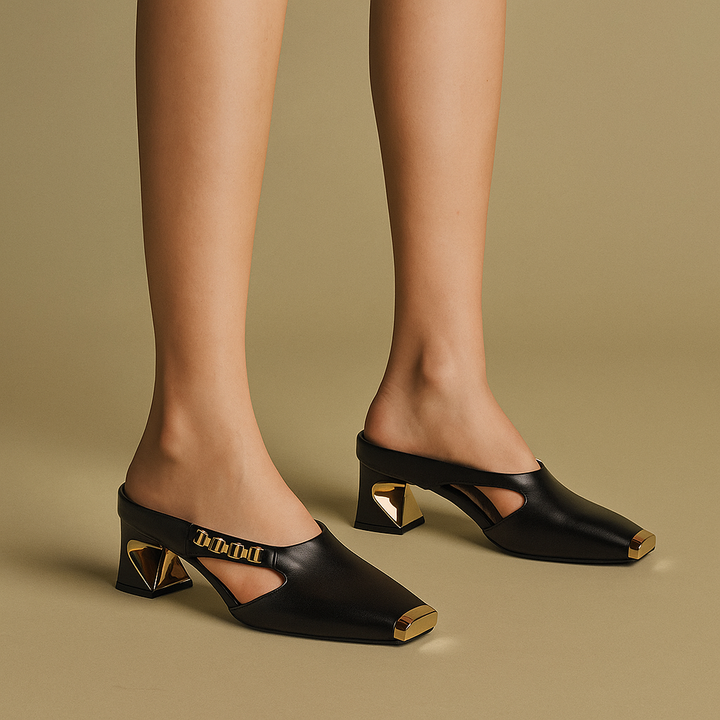 Women's Mules - Square Toe Block Heel with Metal Toe Cap and Chain Vamp Detail
