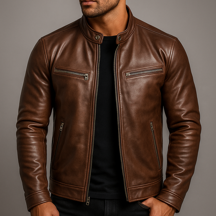 Men's Biker Jacket - Stand Collar - Full Zip - Multi Pocket