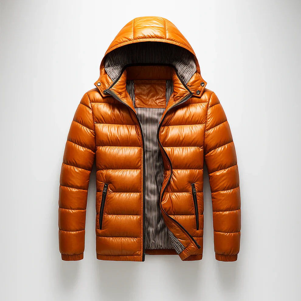 Men's Puffer Jacket - Hooded Zip Front with Contrast Zip Pockets and Quilted Channels