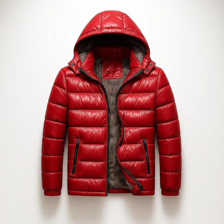 Men's Puffer Jacket - Hooded Zip Front with Contrast Zip Pockets and Quilted Channels