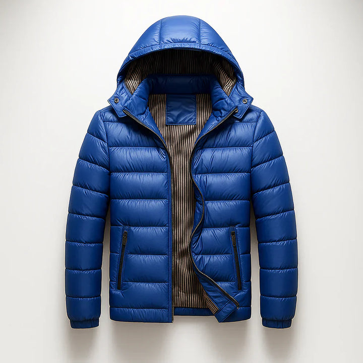 Men's Puffer Jacket - Hooded Zip Front with Contrast Zip Pockets and Quilted Channels