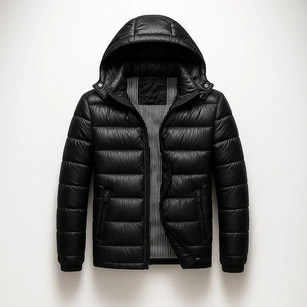 Men's Puffer Jacket - Hooded Zip Front with Contrast Zip Pockets and Quilted Channels
