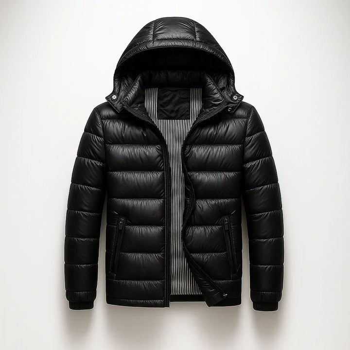 Men's Puffer Jacket - Hooded Zip Front with Contrast Zip Pockets and Quilted Channels