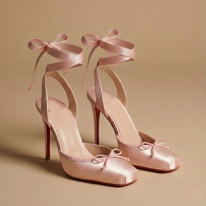 Women's Stiletto Heels - Square Toe Bow Detail Ankle Tie Wrap
