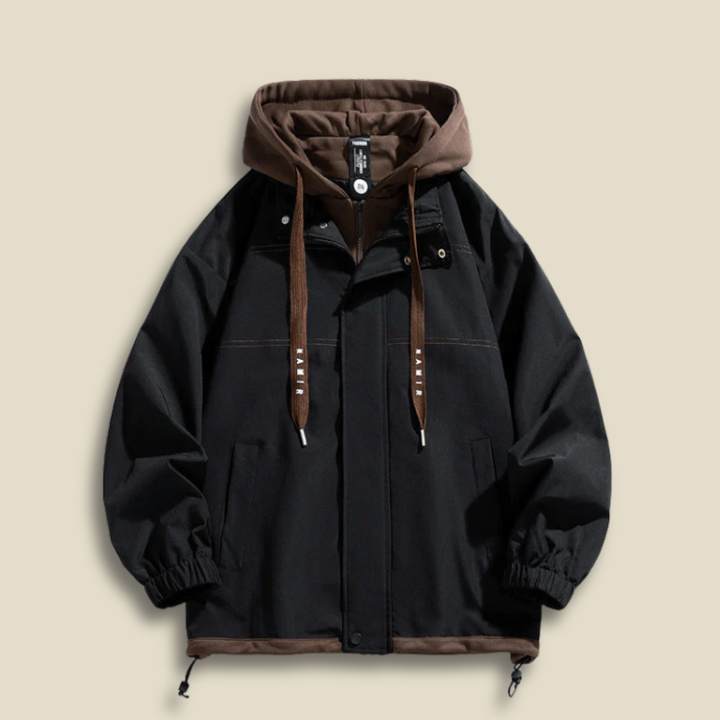 Men’s Oversized Hooded Jacket – Layered Zip Front Coat with Drawstring Hem and Front Pockets