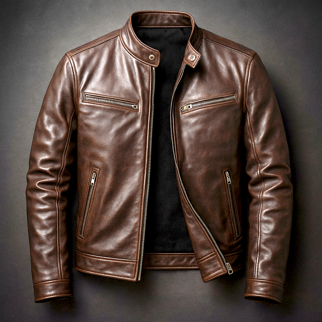 Men's Biker Jacket - Stand Collar - Full Zip - Multi Pocket