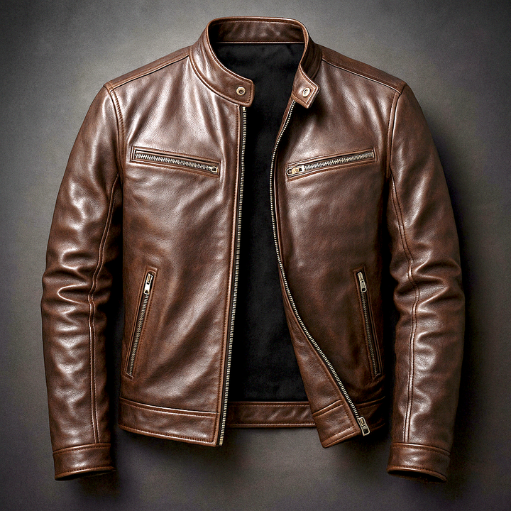 Men's Biker Jacket - Stand Collar - Full Zip - Multi Pocket
