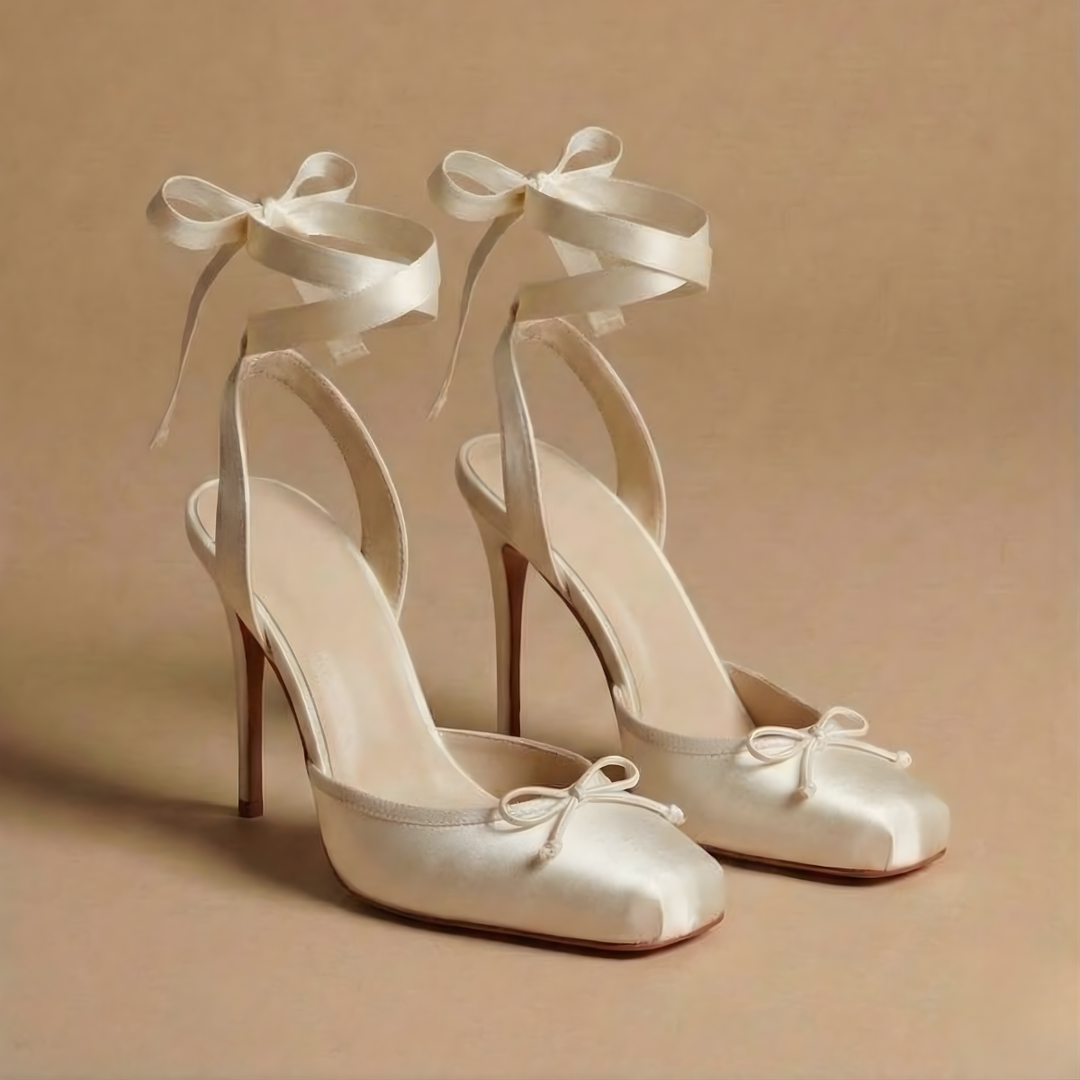 Women's Stiletto Heels - Square Toe Bow Detail Ankle Tie Wrap