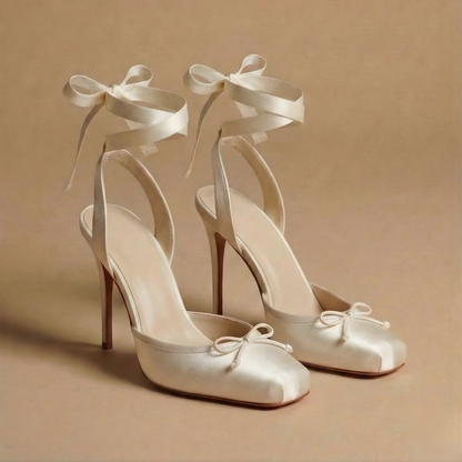 Women's Stiletto Heels - Square Toe Bow Detail Ankle Tie Wrap
