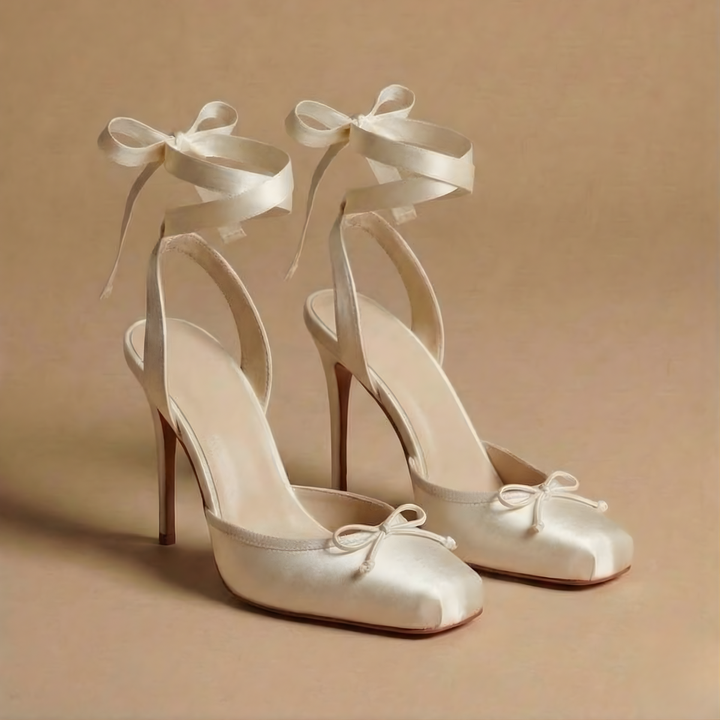 Women's Stiletto Heels - Square Toe Bow Detail Ankle Tie Wrap