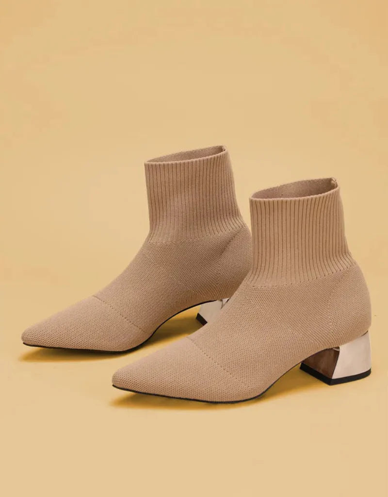 Women’s Pointed Toe Knit Ankle Boots – Block Heel Sock Style