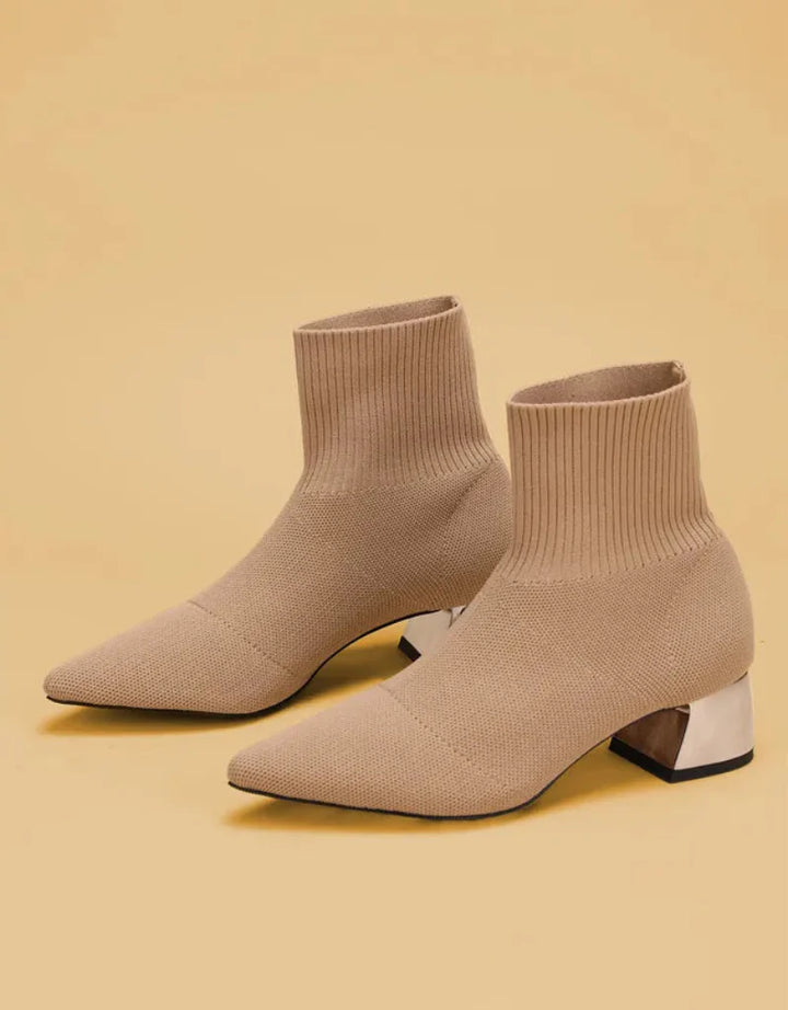 Women’s Pointed Toe Knit Ankle Boots – Block Heel Sock Style