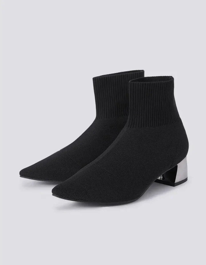 Women’s Pointed Toe Knit Ankle Boots – Block Heel Sock Style