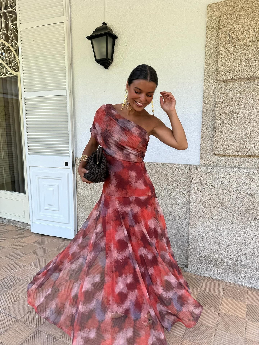 Flowy Watercolor Dress with Dropped Shoulders