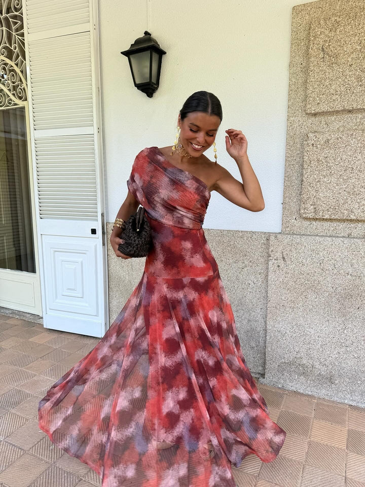 Flowy Watercolor Dress with Dropped Shoulders