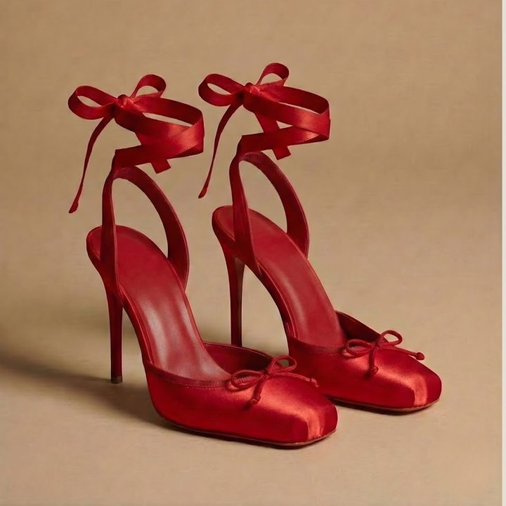 Women's Stiletto Heels - Square Toe Bow Detail Ankle Tie Wrap