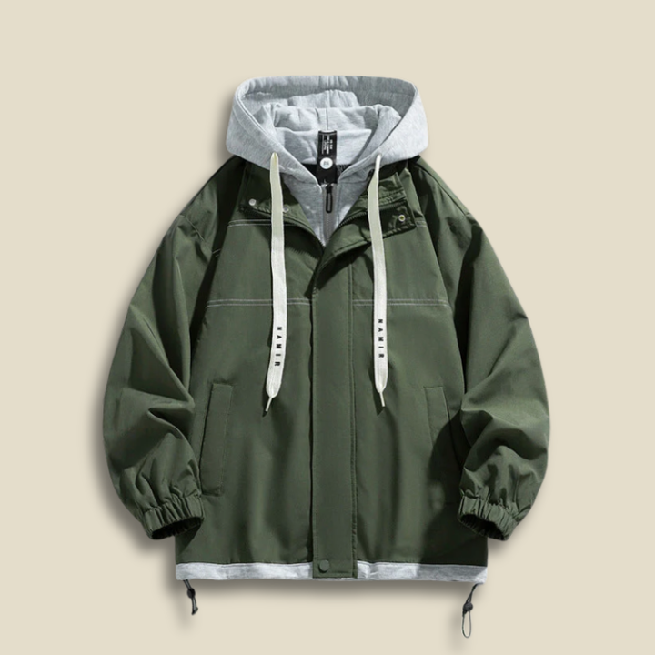 Men’s Oversized Hooded Jacket – Layered Zip Front Coat with Drawstring Hem and Front Pockets