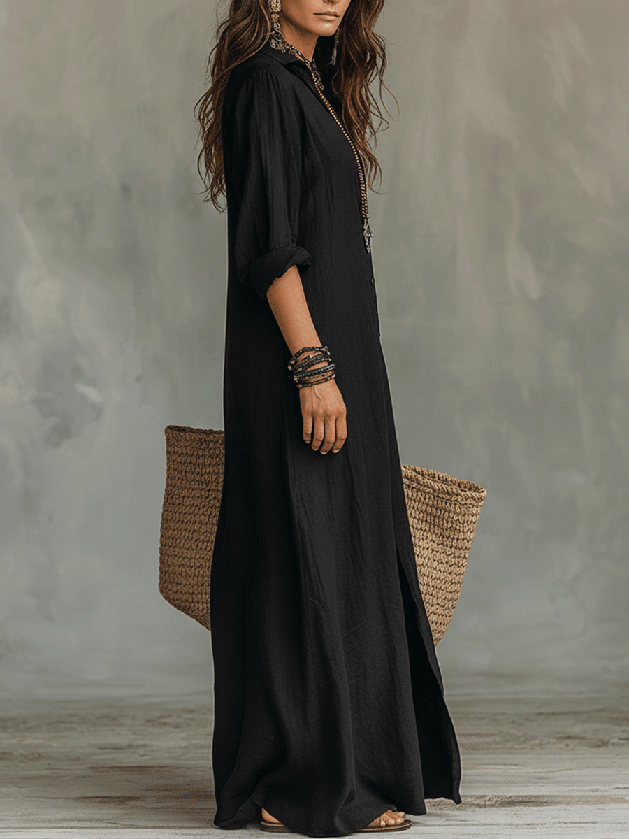 Bohemian Maxi Dress with Black Button-Front Design