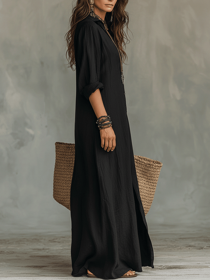 Bohemian Maxi Dress with Black Button-Front Design