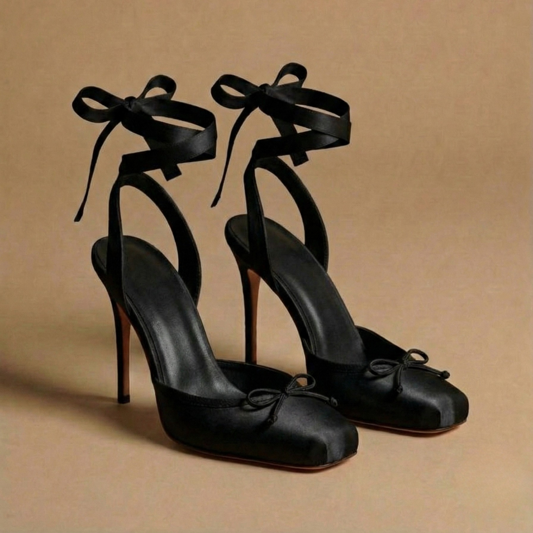 Women's Stiletto Heels - Square Toe Bow Detail Ankle Tie Wrap