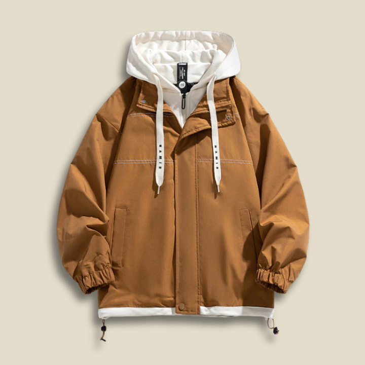 Men’s Oversized Hooded Jacket – Layered Zip Front Coat with Drawstring Hem and Front Pockets