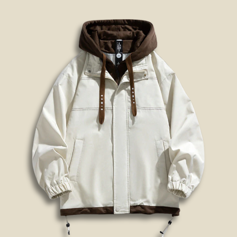 Men’s Oversized Hooded Jacket – Layered Zip Front Coat with Drawstring Hem and Front Pockets