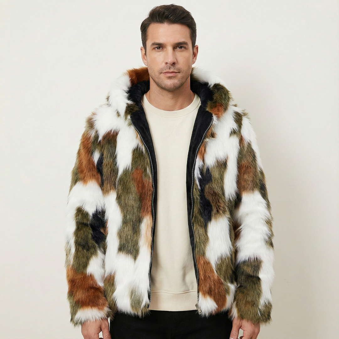Men's Jacket - Faux Fur Zip Up with Shaggy Multi-Tone Print and Fleece Lined Interior