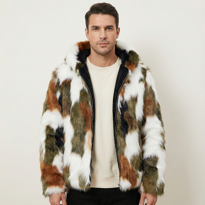 Men's Jacket - Faux Fur Zip Up with Shaggy Multi-Tone Print and Fleece Lined Interior