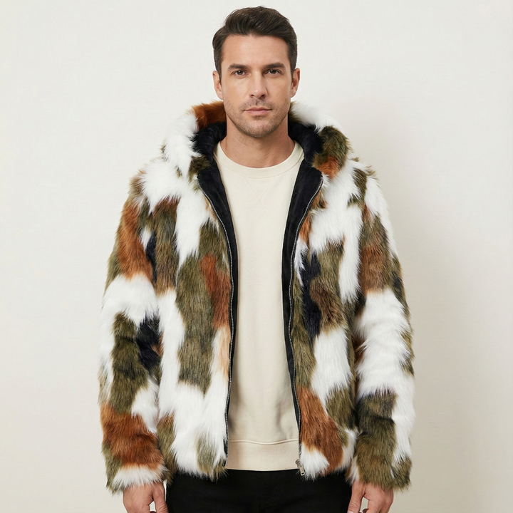 Men's Jacket - Faux Fur Zip Up with Shaggy Multi-Tone Print and Fleece Lined Interior