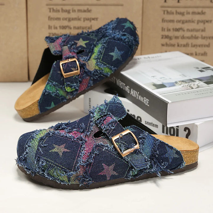 Cosmic Distressed Denim Mules
