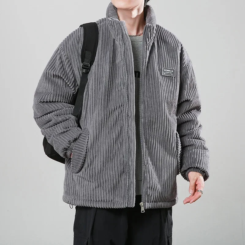 Men's Corduroy Puffer Jacket - Stand Collar - Full Zip - Padded