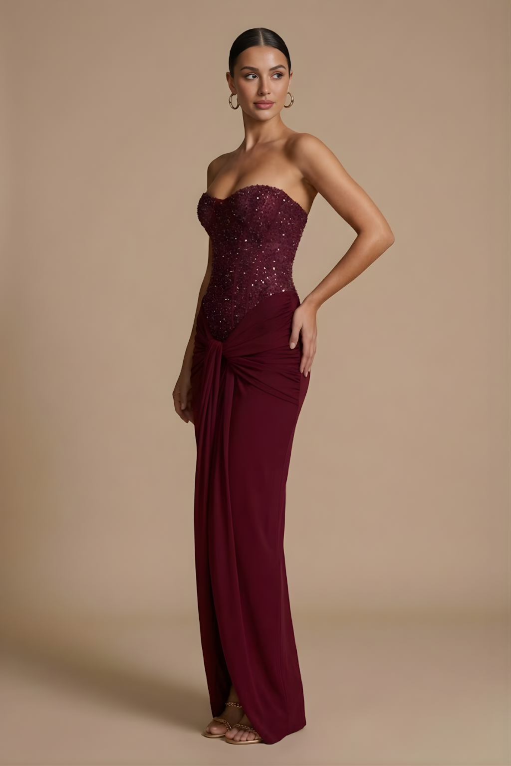 Women's Strapless Corset Maxi Dress - Draped Knot Detail