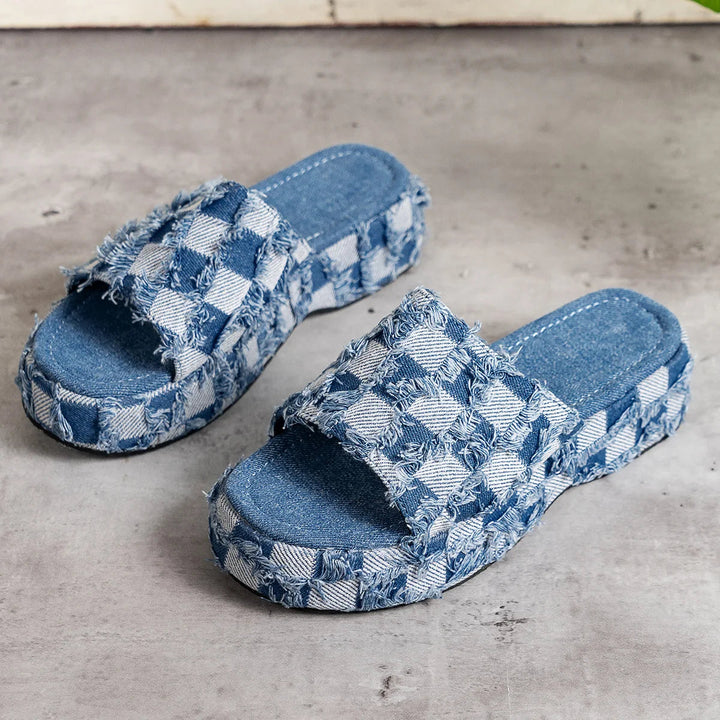 Check Denim Platform Sandal