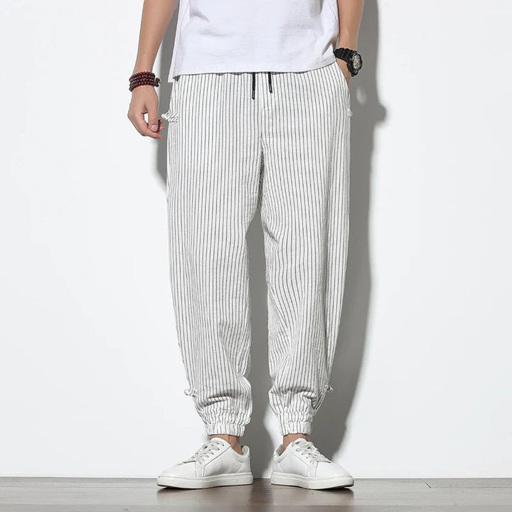 Men's Linen Stripe Harem Pants - Elasticated Waist - Cuffed Hem