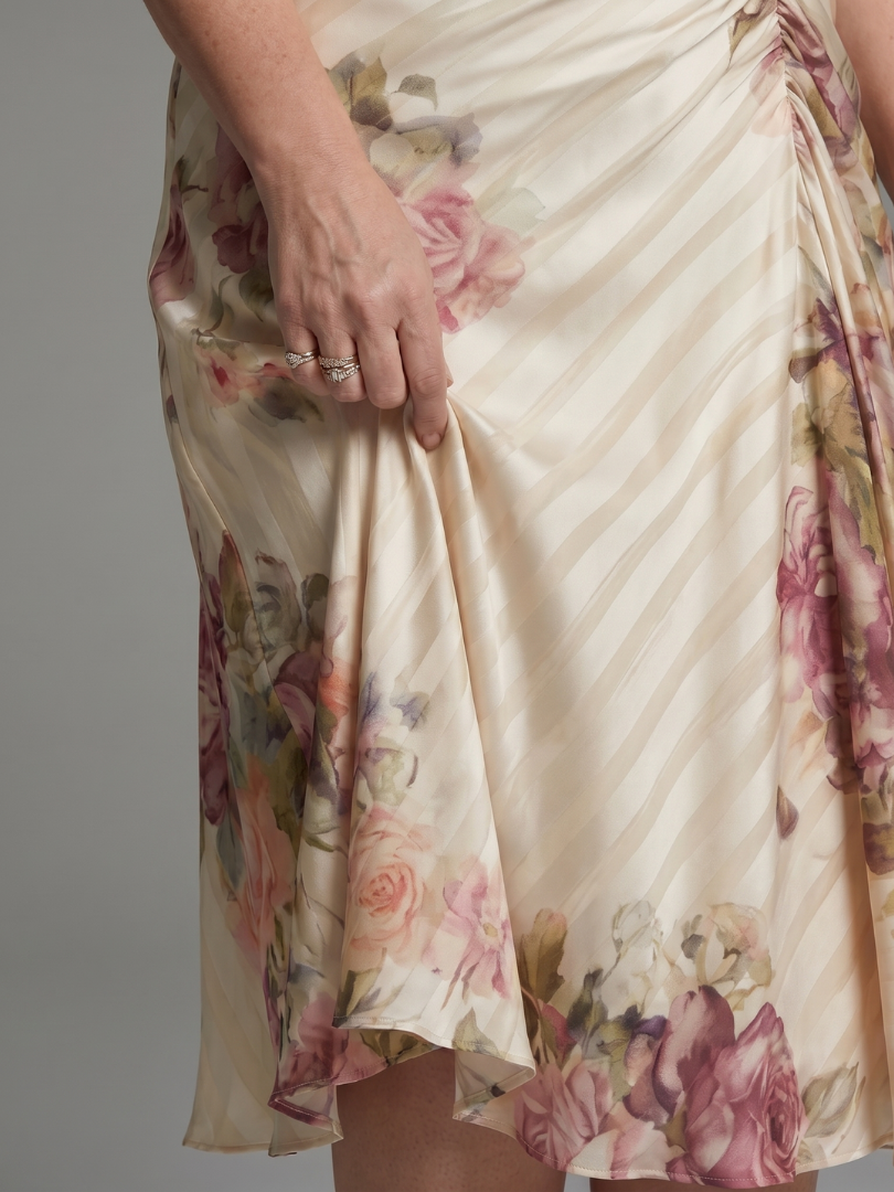 Katarina | Floral Stripe Midi Dress with Flutter Sleeves