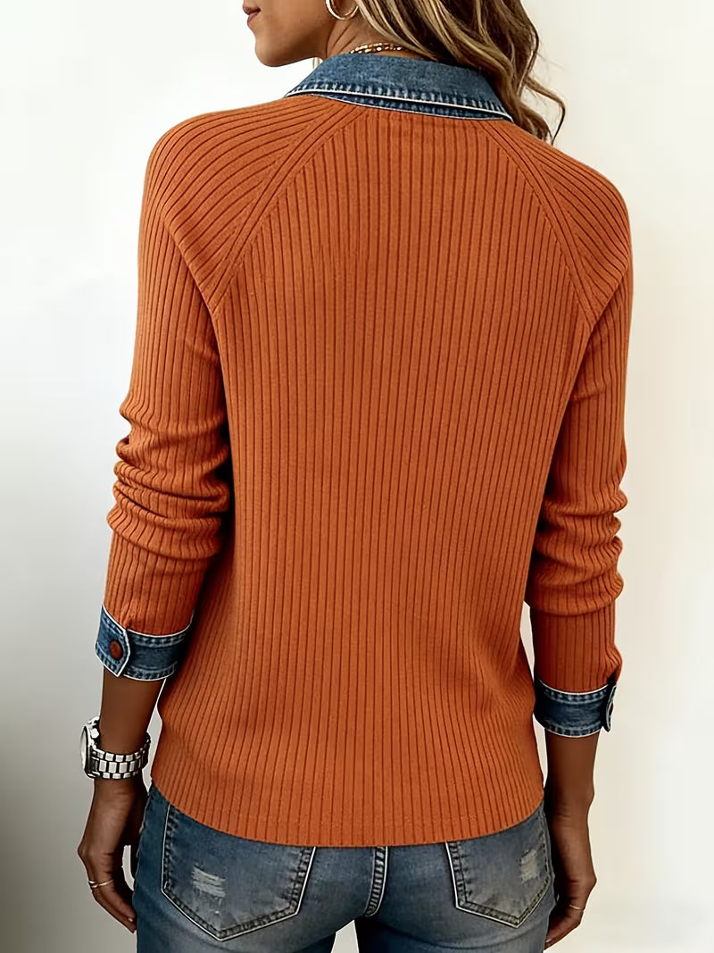 Denim-Edge Ribbed Knit Polo