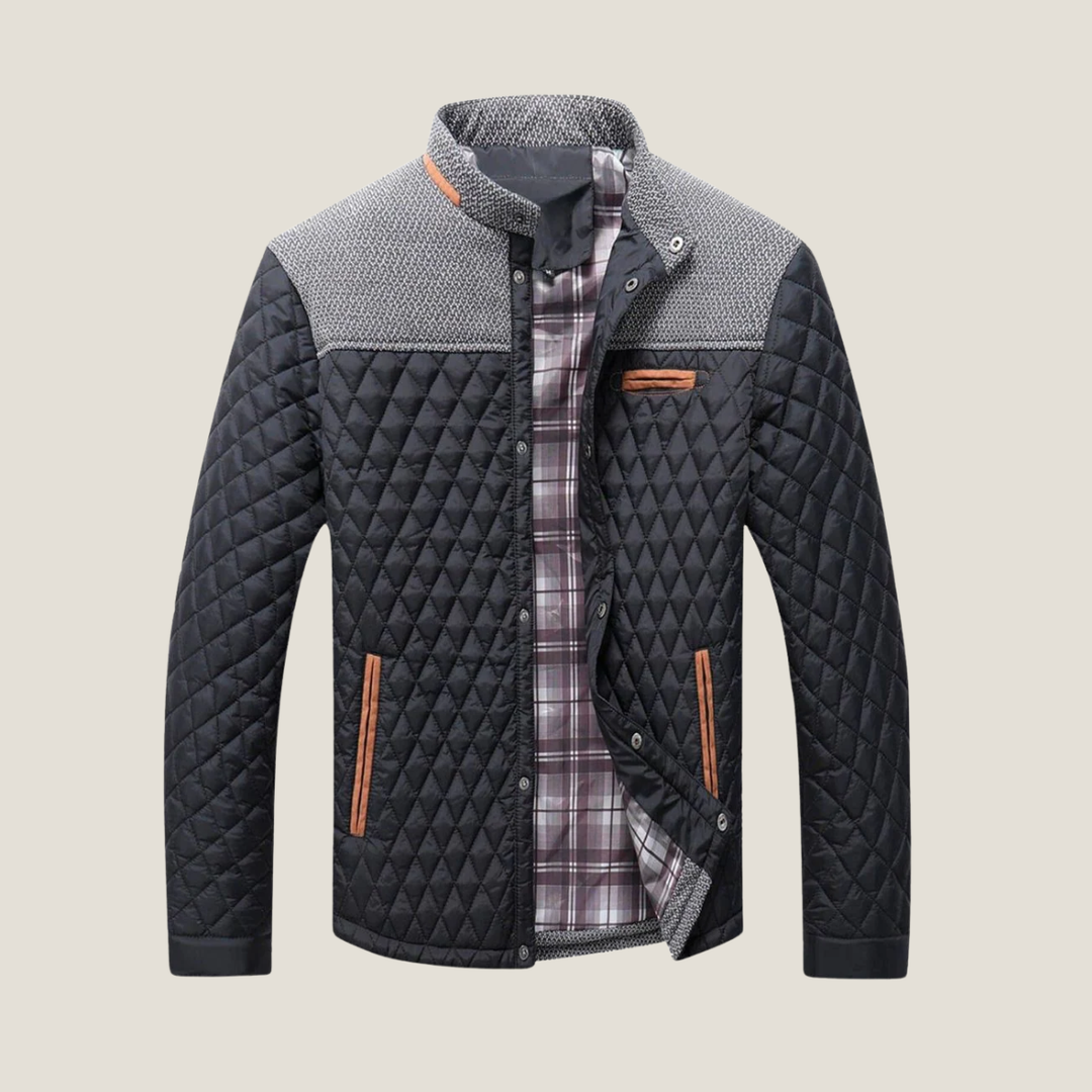 Men’s Quilted Jacket – Snap Button Front Casual Coat with Stand Collar and Contrast Panels