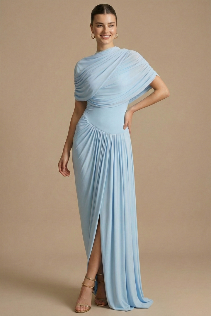 Women's Draped Maxi Dress - High Neck - Cape Overlay - Split