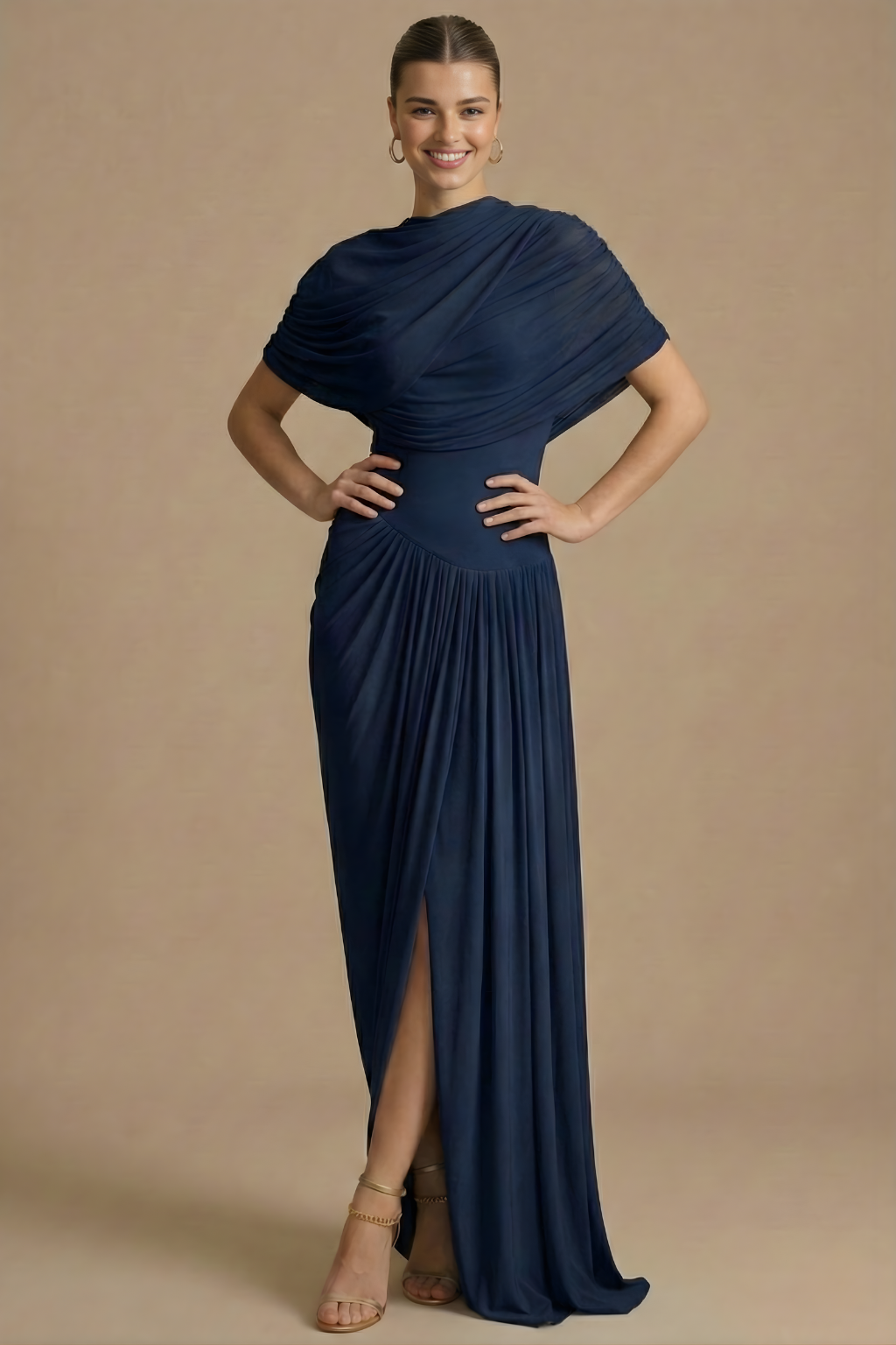 Women's Draped Maxi Dress - High Neck - Cape Overlay - Split