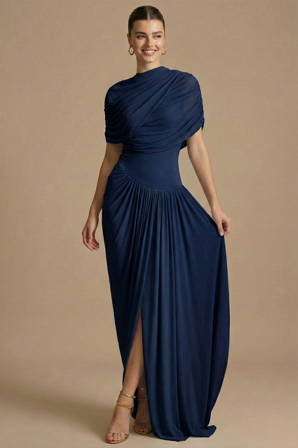 Women's Draped Maxi Dress - High Neck - Cape Overlay - Split