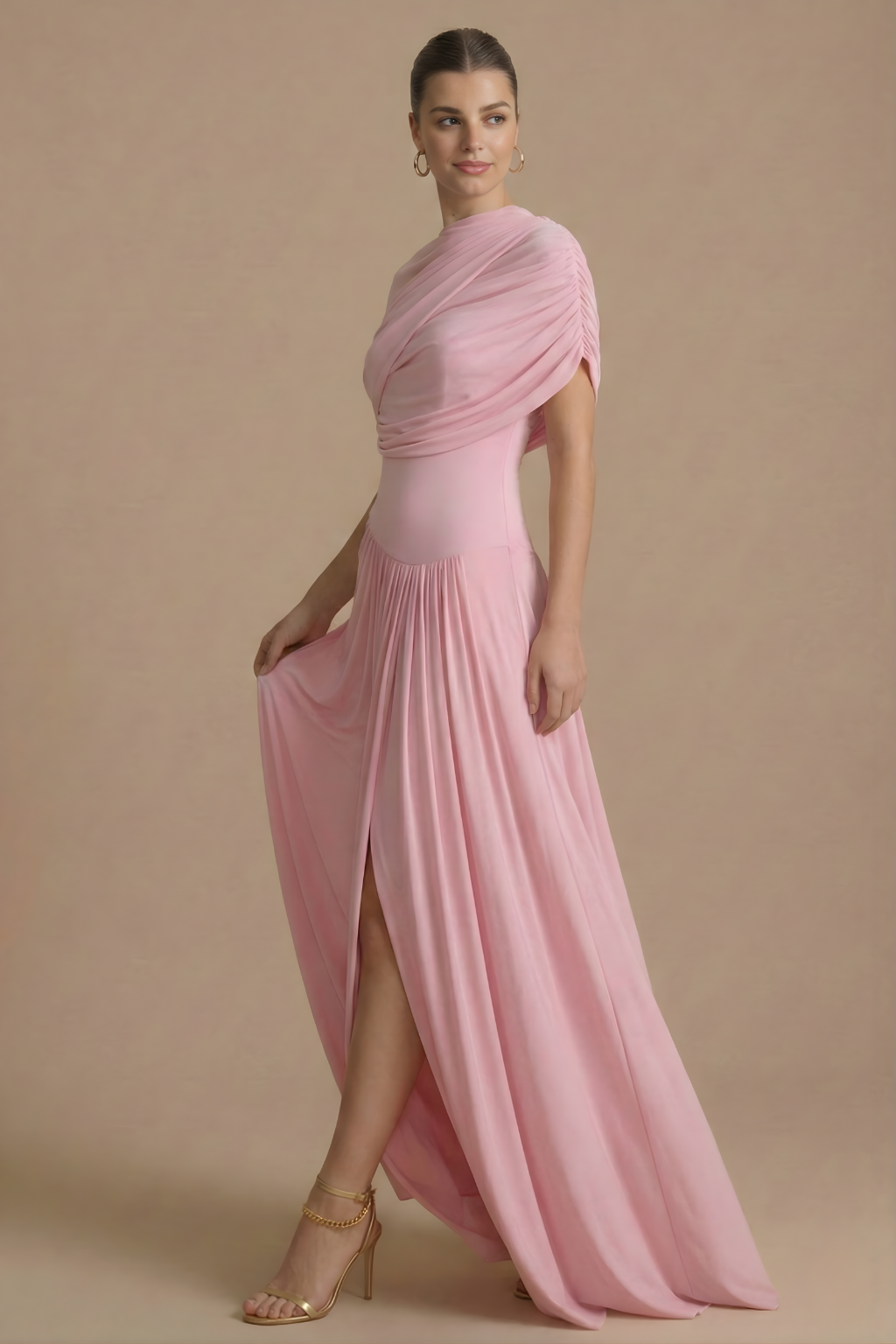 Women's Draped Maxi Dress - High Neck - Cape Overlay - Split